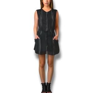 A.L.C. Women's Size M Shirt Dress 100% Silk‎ Black White Stripe Tie Waist Casual